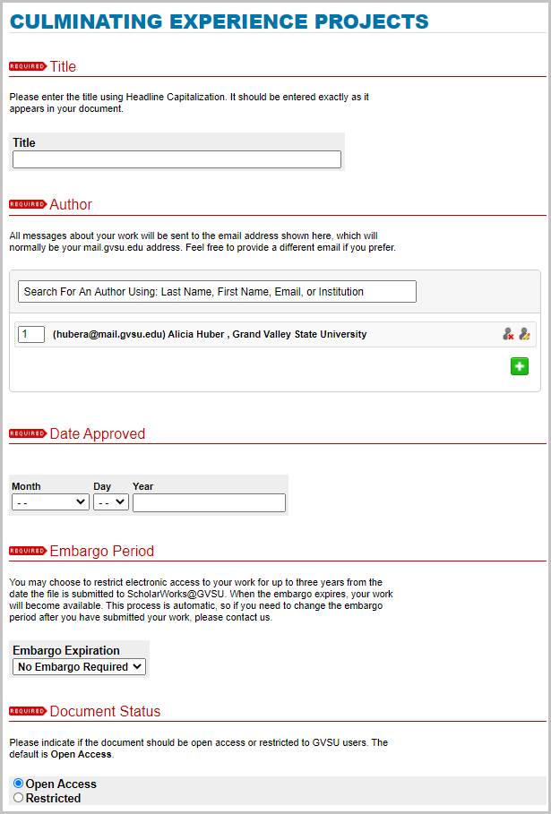 Screenshot of upload page with metadata examples shown
